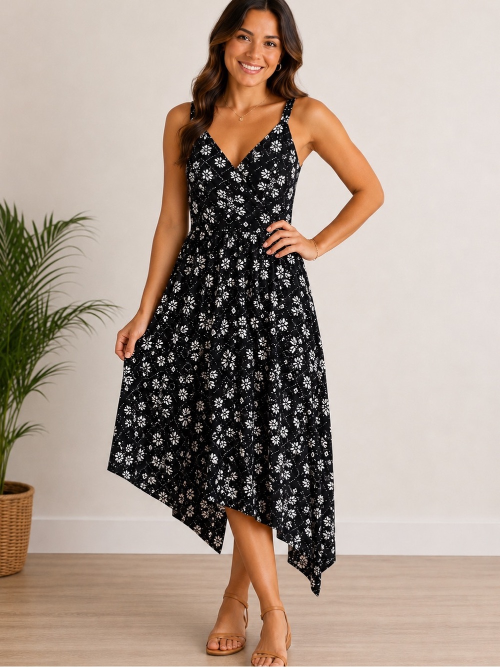 Soma Black and White Floral One-Shoulder Asymmetrical Dress